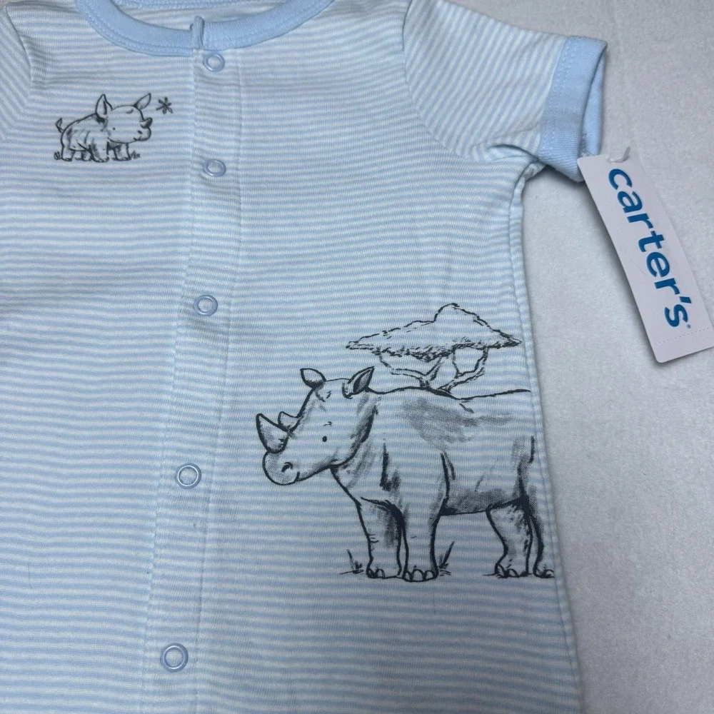 New‎ Carters Rhino Baby Romper 6 Months Blue Striped One Piece Rhinoceros Cotton